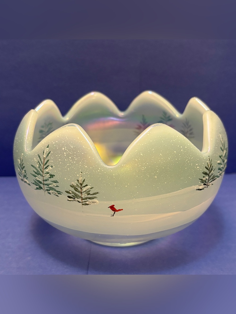 Fenton Hand Painted Winter Cardinal Iridescent Rainbow Art Glass Bowl Signed